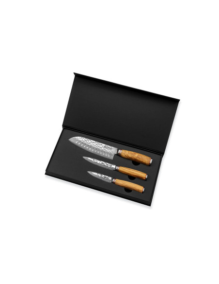 Set of 3 Wusaki Damascus 10Cr olive wood Santoku + Universal + Office knives