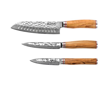 Conjunto de 3 facas Wusaki Damascus 10Cr em madeira de oliveira Santoku + Universal + Facas de escritório 2