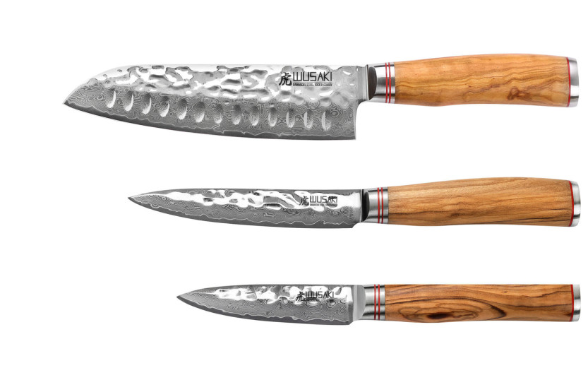 Messerset 3 Wusaki Damast 10Cr Olivenbaum Santoku + Universal + Office