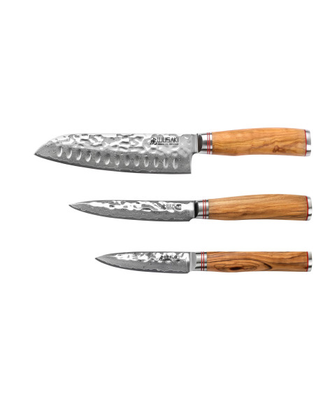Set of 3 Wusaki Damascus 10Cr olive wood Santoku + Universal + Office knives