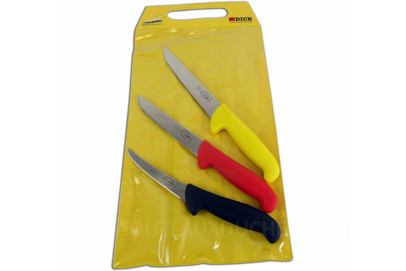 Sett med 3 DICK ERGOGRIP slaktekniver 1 blødende kniv + 2 utstikkere