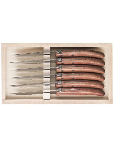 Knivsæt med 6 Laguiole steakknive C. DOZORME savtakkede blade bubingahåndtag