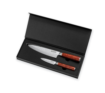 Sett med 2 Wusaki Pakka X50 pakkawood kokkekniver + kontorkniver