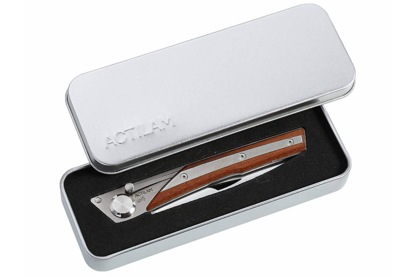 Coltello pieghevole Actilam S4 con lama forgiata e manico in acciaio/ipé da 11 cm