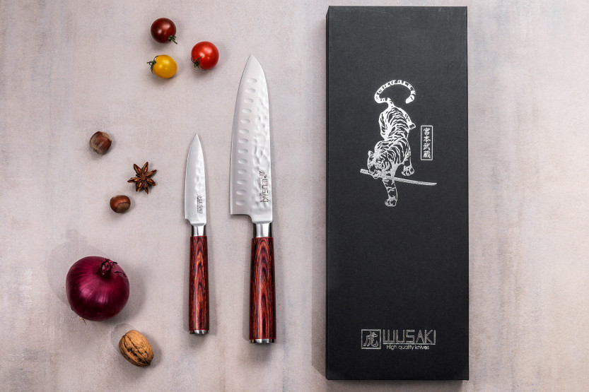 Coffret 2 couteaux Wusaki Pack X50 packwood Santoku + Kontor