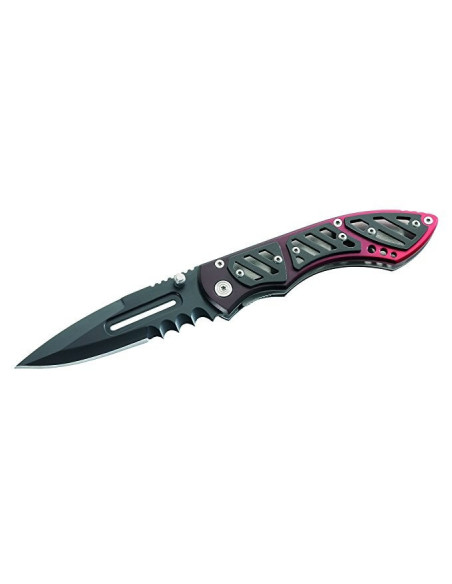 240811 takket kniv 11 cm svart/rødt metallhåndtak