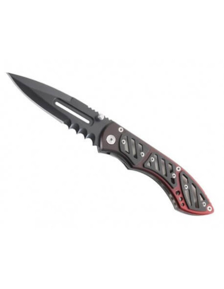 240811 savtakket kniv 11 cm sort/rødt metalhåndtag
