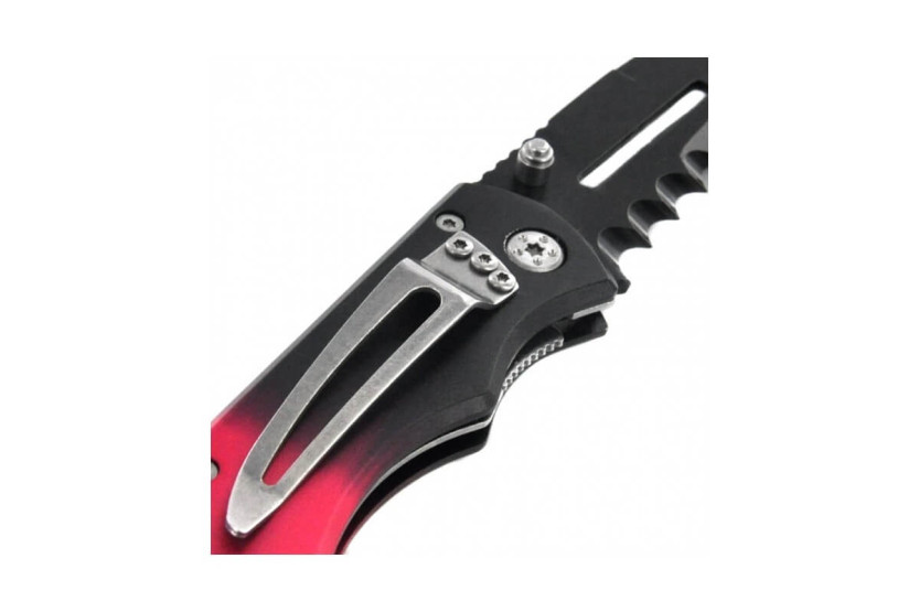 240811 savtakket kniv 11 cm sort/rødt metalhåndtag