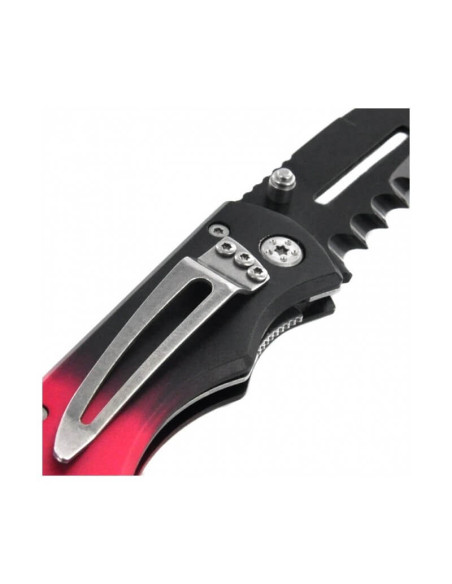 240811 takket kniv 11 cm svart/rødt metallhåndtak