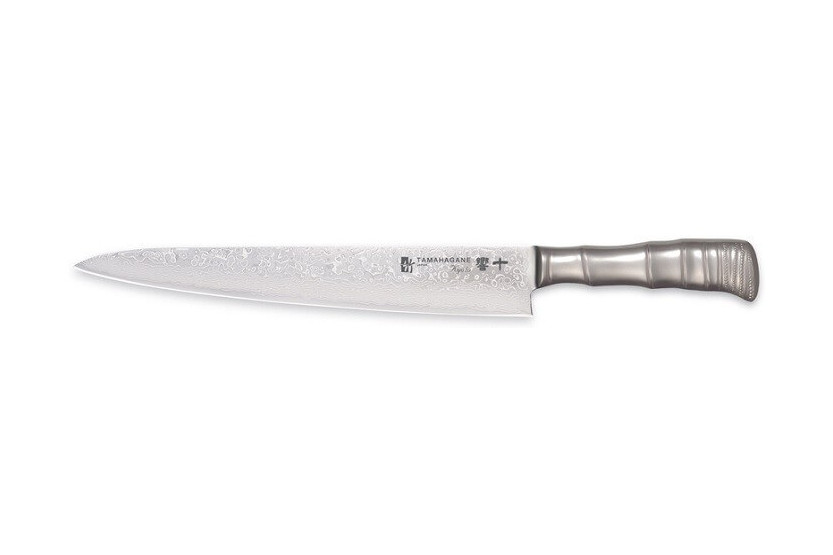 Cuchillo para trinchar japonés Tamahagane Bambú Kyoto 27cm Hoja de acero Damasco VG5