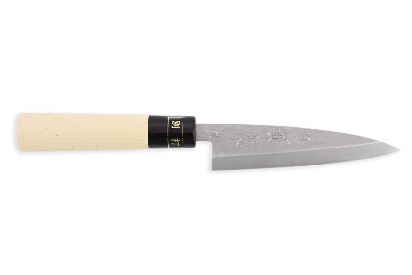 Japanisches handgefertigtes Kaisaki Universalmesser JIKKO Betsuuchi Klinge 12cm in White Steel Griff Magnolia