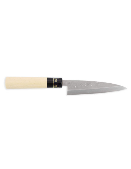 Japanisches handgefertigtes Kaisaki Universalmesser JIKKO Betsuuchi Klinge 12cm in White Steel Griff Magnolia