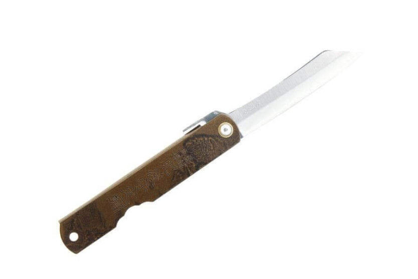 Couteau pliant Higonokami 2671 acier carbone manche gravé 10cm doré