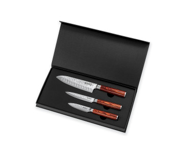 Estuche de 3 cuchillos Wusaki Pakka X50 pakkawood Santoku + Universal + Office