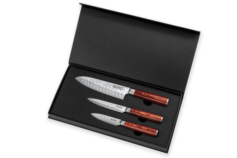 Set of 3 Wusaki Pakka X50 pakkawood Santoku + Universal + Office knives