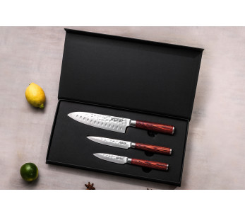 Estuche de 3 cuchillos Wusaki Pakka X50 pakkawood Santoku + Universal + Office 2