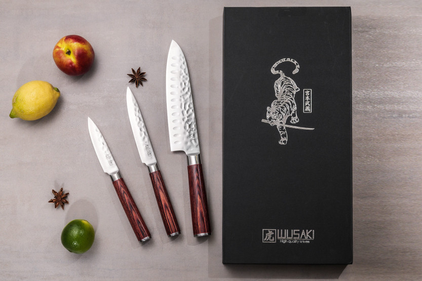 Set med 3 Wusaki Pakka X50 pakkawood Santoku + Universal + Kontorsknivar