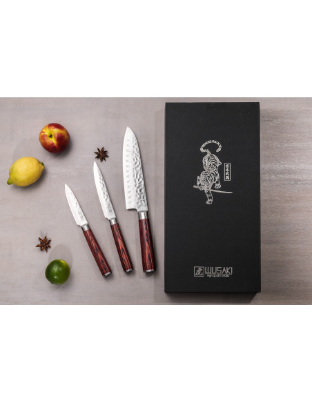 Set van 3 Wusaki Pakka X50 pakkahout Santoku + Universele + Kantoormessen