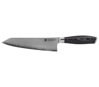 Faca Bunka de 20 cm da Hakami Ajisai, lâmina San Mai, cabo em pakkawood preto e cinzento