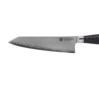 Hakami Ajisai 20 cm Bunka Knife with San Mai blade and black and gray pakkawood handle 2