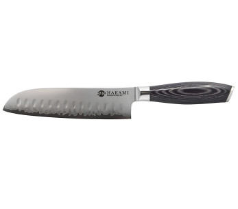 Hakami Ajisai 18 cm Serrated Santoku Knife with San Mai Blade and Black and Gray Pakkawood Handle
