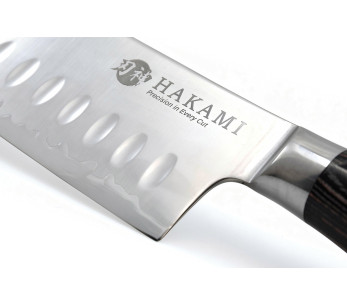 Hakami Ajisai santoku-kniv med huller, 18 cm, San Mai-blad, håndtak i svart og grå pakkatr 2