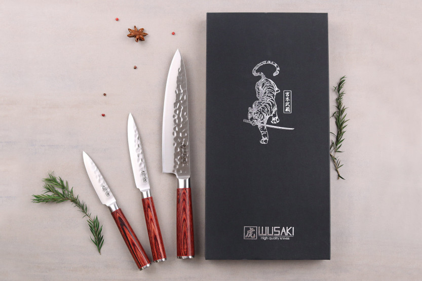 Set di 3 coltelli Wusaki Pakka X50 in legno di pakka Chef + Universal + Office