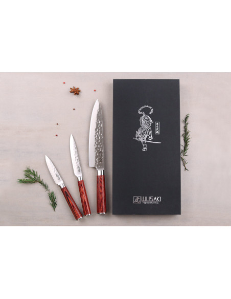 Conjunto de 3 facas Wusaki Pakka X50 pakkawood Chef + Universal + Escritório