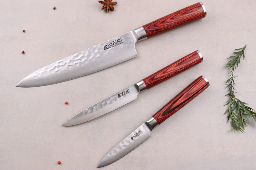 Conjunto de 3 facas Wusaki Pakka X50 pakkawood Chef + Universal + Escritório