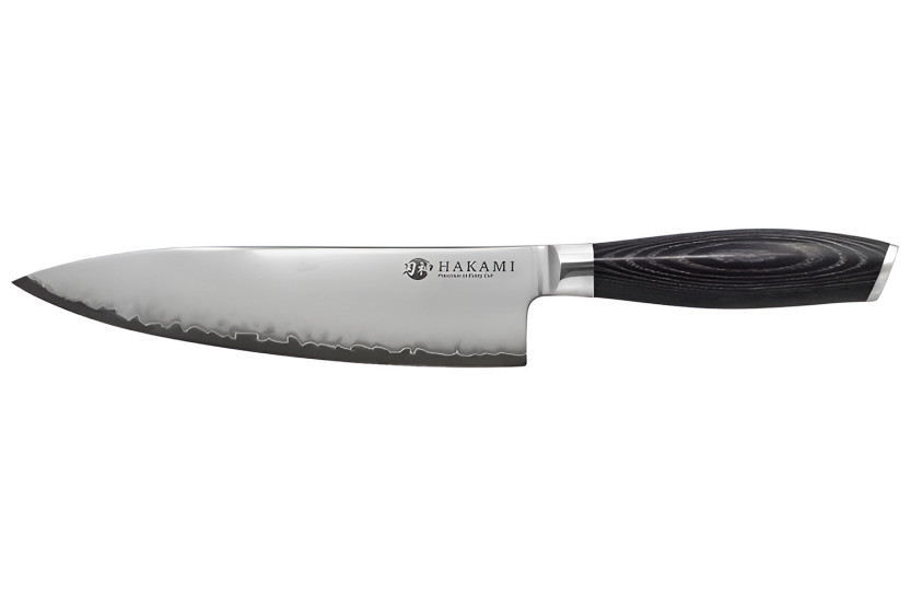 Hakami Ajisai kokkekniv, 20 cm, San Mai-klinge, sort og gråt pakkawood-skaft