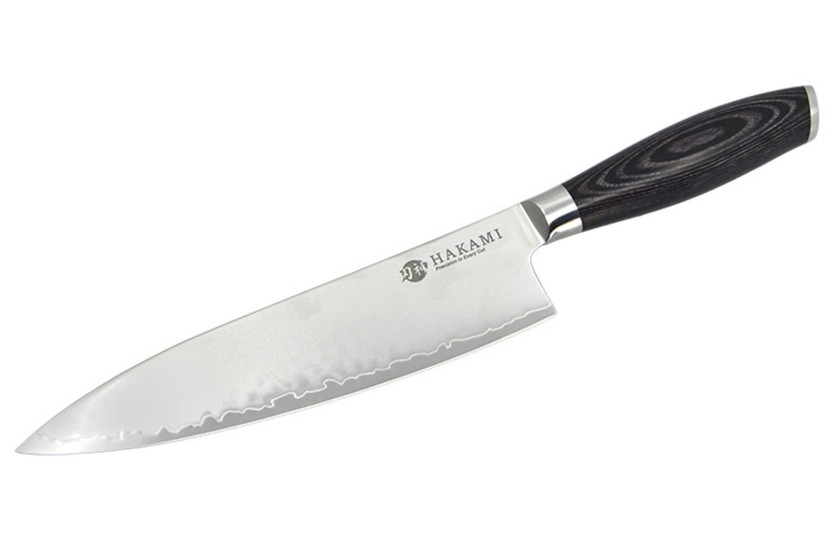 Faca de chef Hakami Ajisai de 20 cm, lâmina San Mai, cabo em pakkawood preto e cinzento