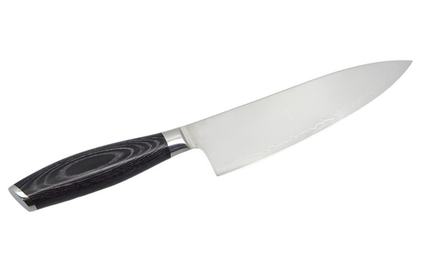 Faca de chef Hakami Ajisai de 20 cm, lâmina San Mai, cabo em pakkawood preto e cinzento