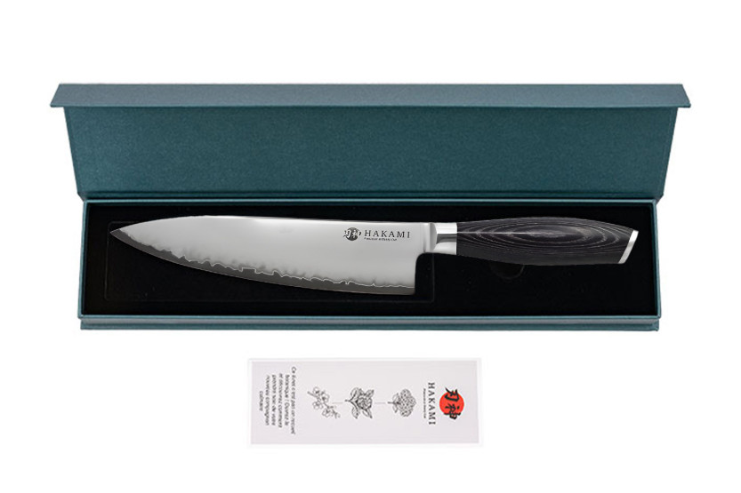 Faca de chef Hakami Ajisai de 20 cm, lâmina San Mai, cabo em pakkawood preto e cinzento