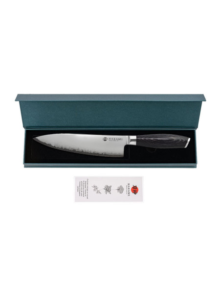 Hakami Ajisai koksmes 20 cm, San Mai-lemmet, zwart en grijs pakkahouten handvat
