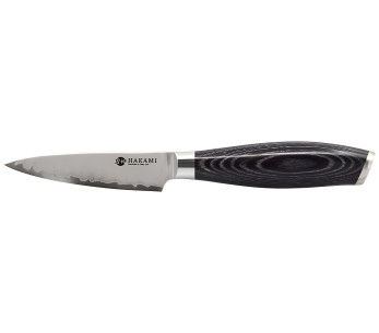 Cuchillo de cocina de 9 cm Hakami Ajisai, hoja San Mai, mango de pakkawood negro y gris