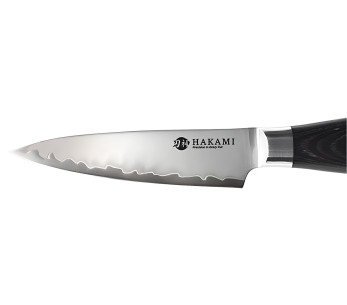 Hakami Ajisai-skalkniv, 9 cm, San Mai-blad, svart och grått pakkawood-handtag 2
