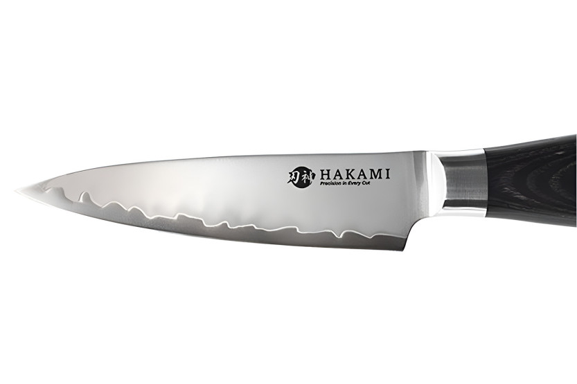 Coltello da cucina Hakami Ajisai da 9 cm, lama San Mai, manico in pakkawood nero e grigio
