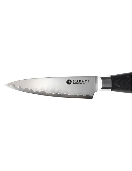 Hakami Ajisai -keittiöveitsi, 9 cm, San Mai -terä, musta ja harmaa pakkapuukahva