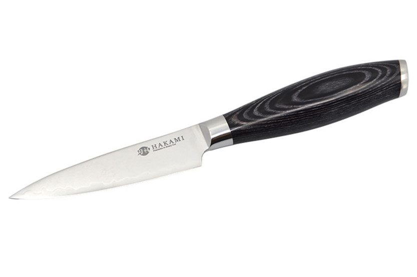 Hakami Ajisai-officemes, 9 cm, San Mai-lemmet, zwart en grijs pakkahouten heft