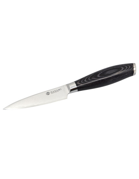 Faca de cozinha Hakami Ajisai de 9 cm, lâmina San Mai, cabo em pakkawood preto e cinzento