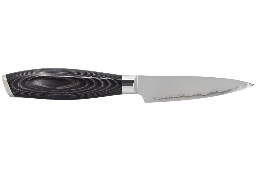 Hakami Ajisai 9 cm paring knife with San Mai blade and black and gray Pakkawood handle