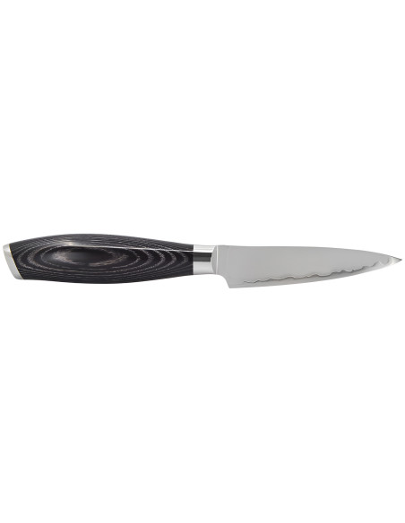 Hakami Ajisai 9 cm paring knife with San Mai blade and black and gray Pakkawood handle