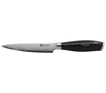 Hakami Ajisai 12 cm Utility Knife with San Mai blade and black and gray pakkawood handle