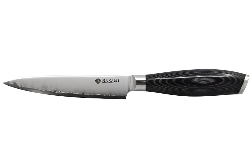 Hakami Ajisai 12 cm Utility Knife with San Mai blade and black and gray pakkawood handle