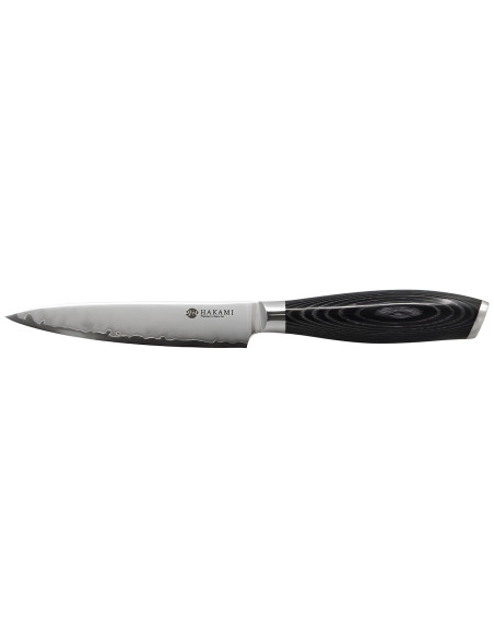 Faca universal Hakami Ajisai de 12 cm, lâmina San Mai, cabo em pakkawood preto e cinzento