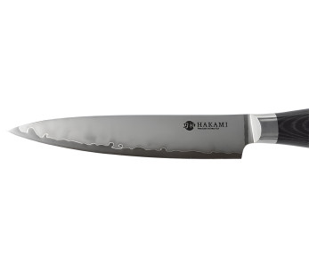 Hakami Ajisai universal kniv, 12 cm, San Mai-blad, svart og grått pakkawood-skaft 2