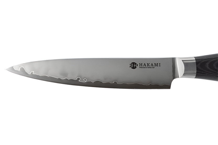 Hakami Ajisai -yleisveitsi, terän pituus 12 cm, San Mai -terä, musta ja harmaa pakkapuukahva