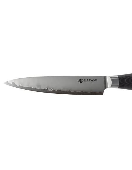 Faca universal Hakami Ajisai de 12 cm, lâmina San Mai, cabo em pakkawood preto e cinzento