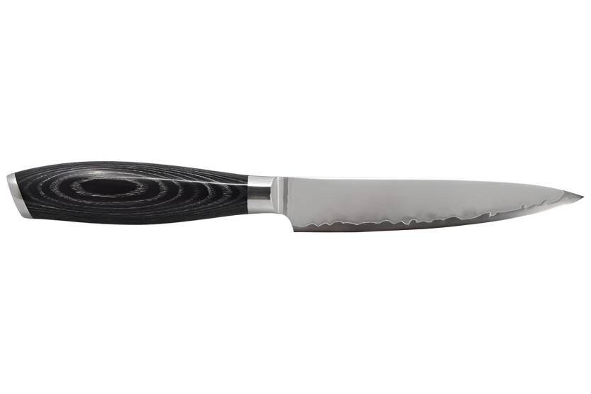 Cuchillo universal Hakami Ajisai de 12 cm, hoja San Mai, mango de pakkawood negro y gris