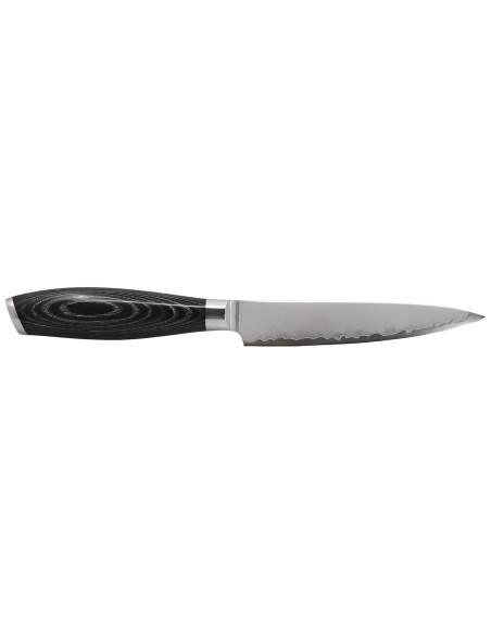Faca universal Hakami Ajisai de 12 cm, lâmina San Mai, cabo em pakkawood preto e cinzento
